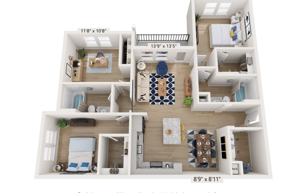 C1 - With Patio - 3 bedroom floorplan layout with 2 bathrooms and 1253 square feet (Office View)